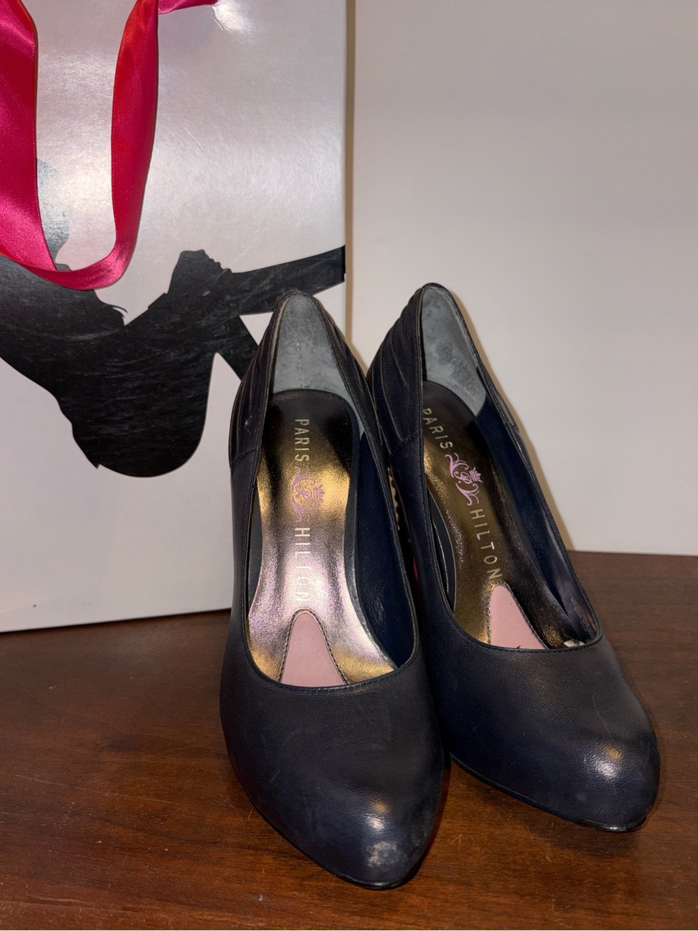 Paris Hilton Navy Leather Pointed-Toe Pumps